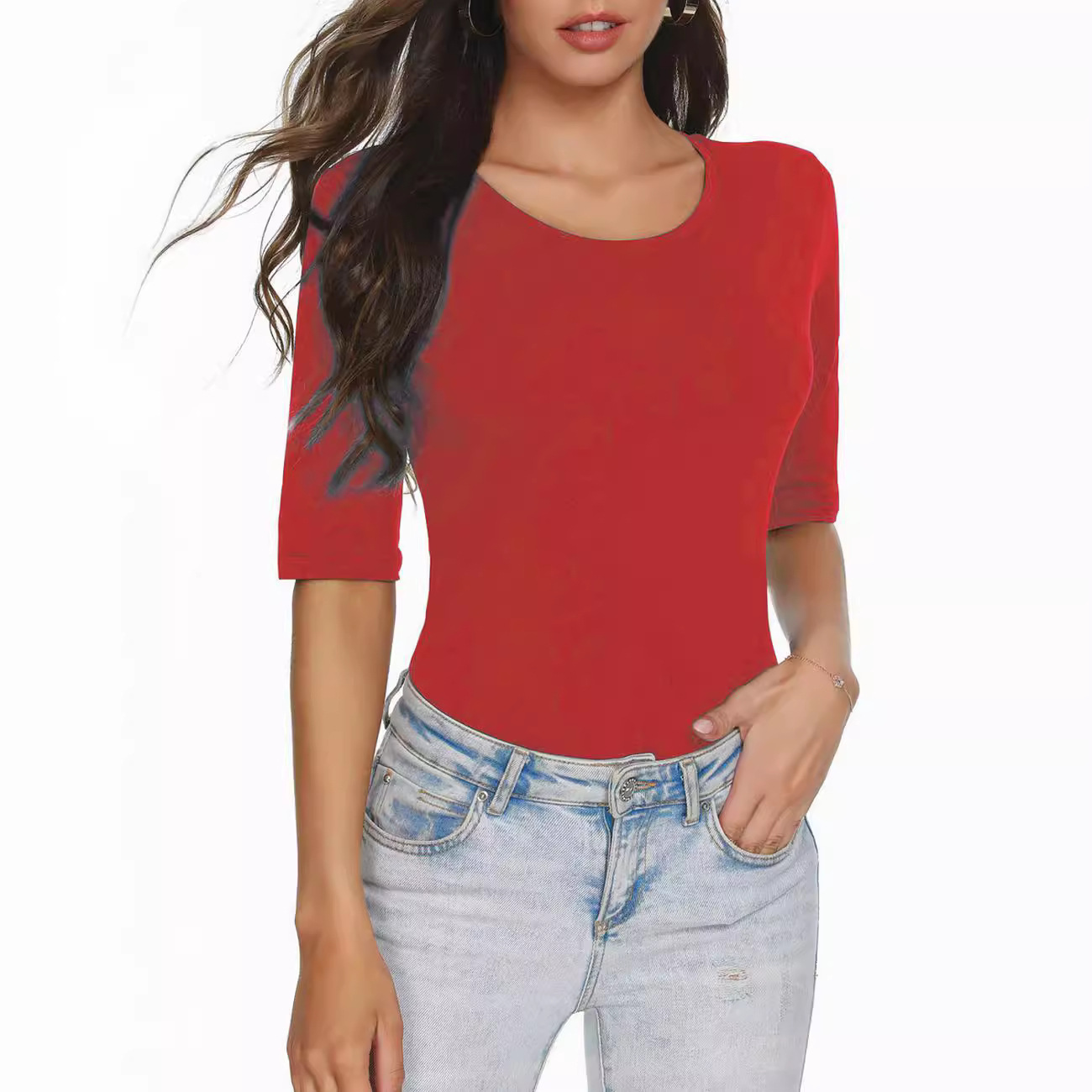 Picture of Cross-border 2024 Amazon wish European and American Foreign Trade Women's New Spring and Summer Casual Round Neck Five-point Sleeve Top for Women