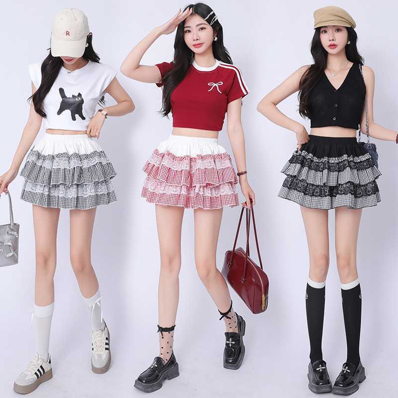 Real Shot of Lace Splicing Plaid Puffy Cake Skirt for Women Spring and Summer High Waist Anti-Exposure Girl Lolita Skirt