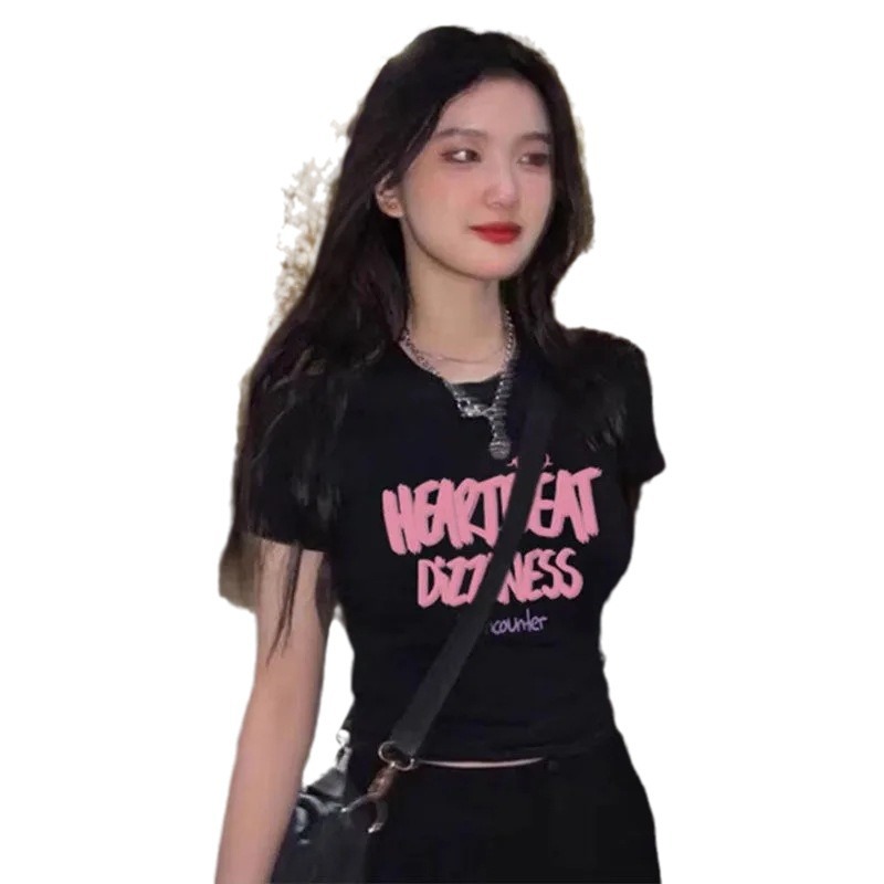Picture of Short-sleeved T-shirt Women's Black Short Shoulder Summer Top New Sweet and Spicy Style American-style Slim-fit Navel-exposed Niche Students