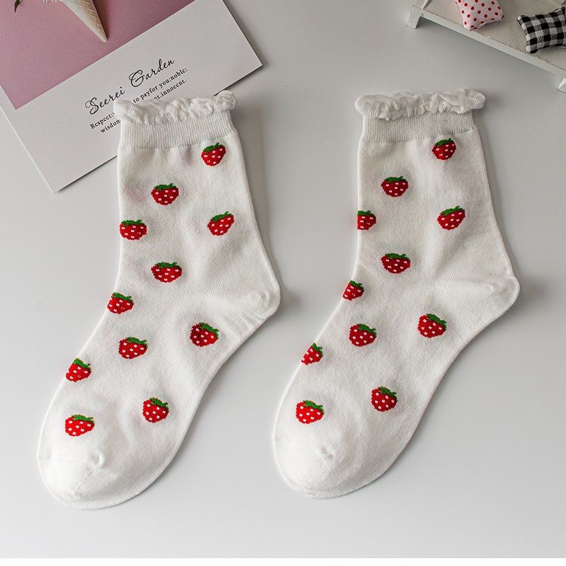Picture of White Bubble Socks for Women, Mid-Calf Lolita Lace Long Socks, Student Socks, Strawberry Casual Versatile Socks