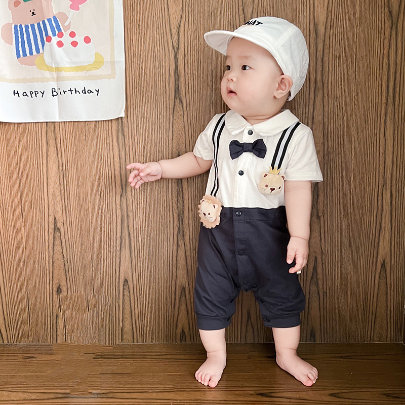 Picture of Newborn Gentleman One-Year-Old Dress Baby Short-Sleeved Hatshirt College Style Baby Summer One-Body Clothes Thin Climbing Suit