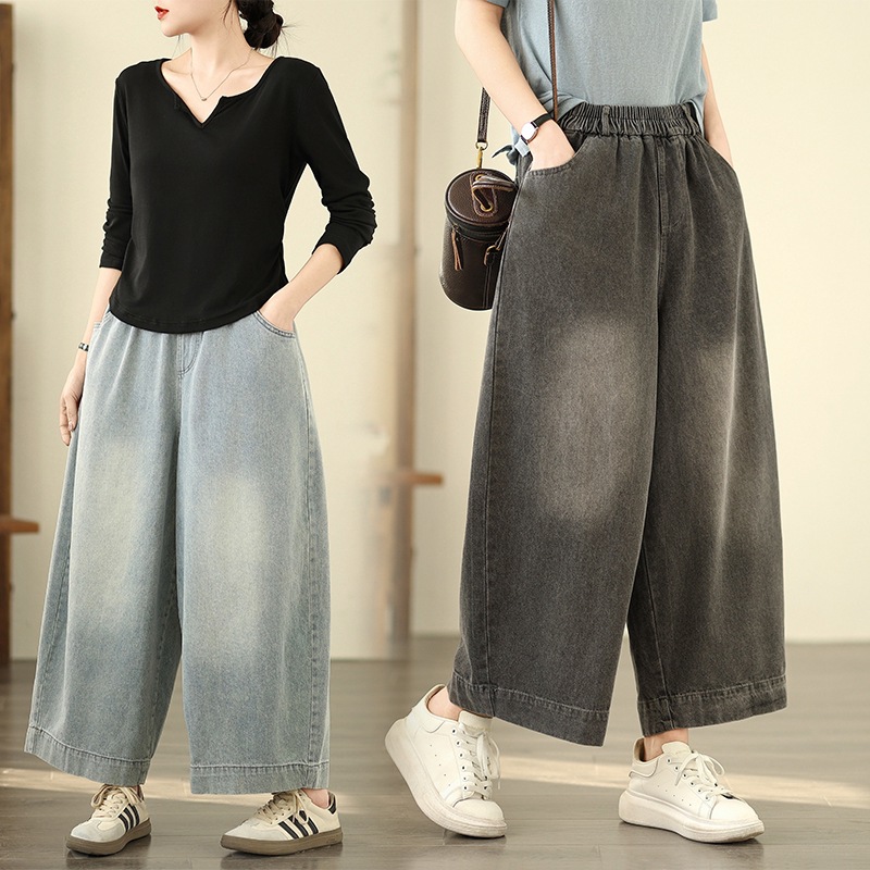 Real Shot Summer New Retro New Chinese Style Distinctive Denim Wide Leg Pants Loose plus size Distinctive Slimming Straight Leg Pants for Women