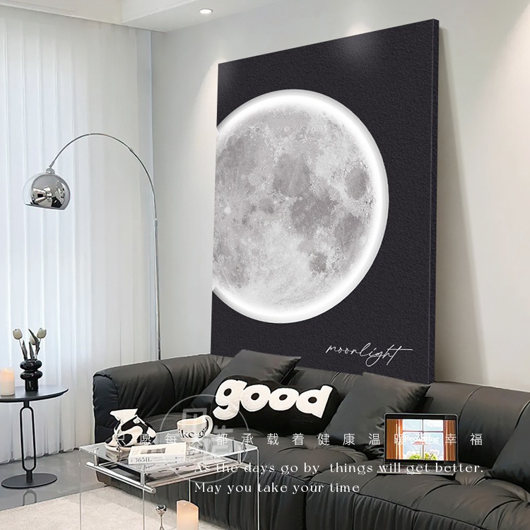 Living room decorative painting black and white art moon LED light painting ins advanced texture painting double layer sandstone painting floor painting