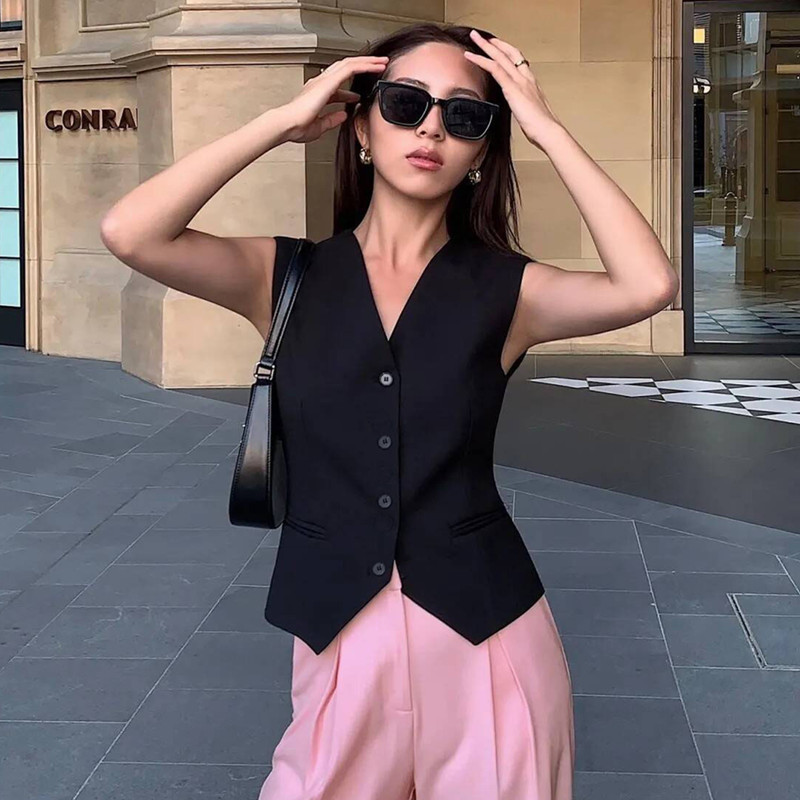 Picture of 25 Years Black V-Neck Suit Waistcoat Women's Summer New Retro Stacked Cardigan Vest Sleeveless Elegant Top