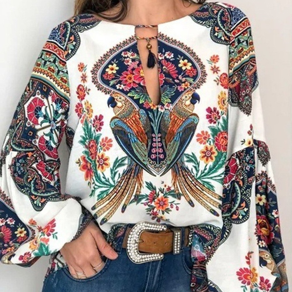 A Large Number of Spot 2025 Spring and Summer New Women's Fashion Personalized Women's Digital Printing Round Neck Lantern Sleeve Shirt