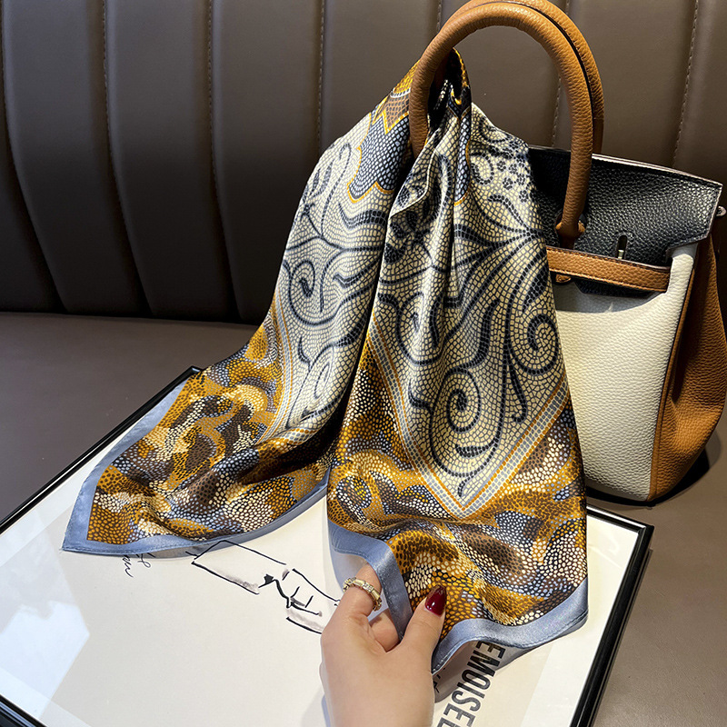 Picture of Spring and Autumn Thin Japanese and Korean Sweet Champagne Color Small Floral Silk Mulberry Silk 70cm Square Scarf Silk Scarf Hair Band Headwear Women