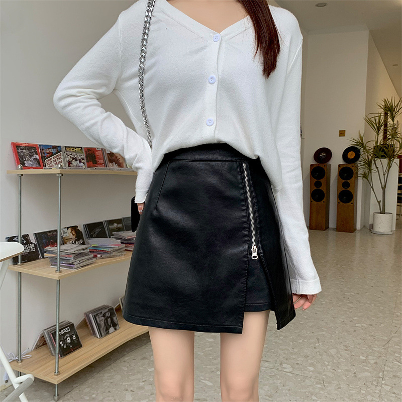 2023 autumn and winter new PU leather skirt high waist slimming hip covering Joker sexy skirt fashion temperament short skirt