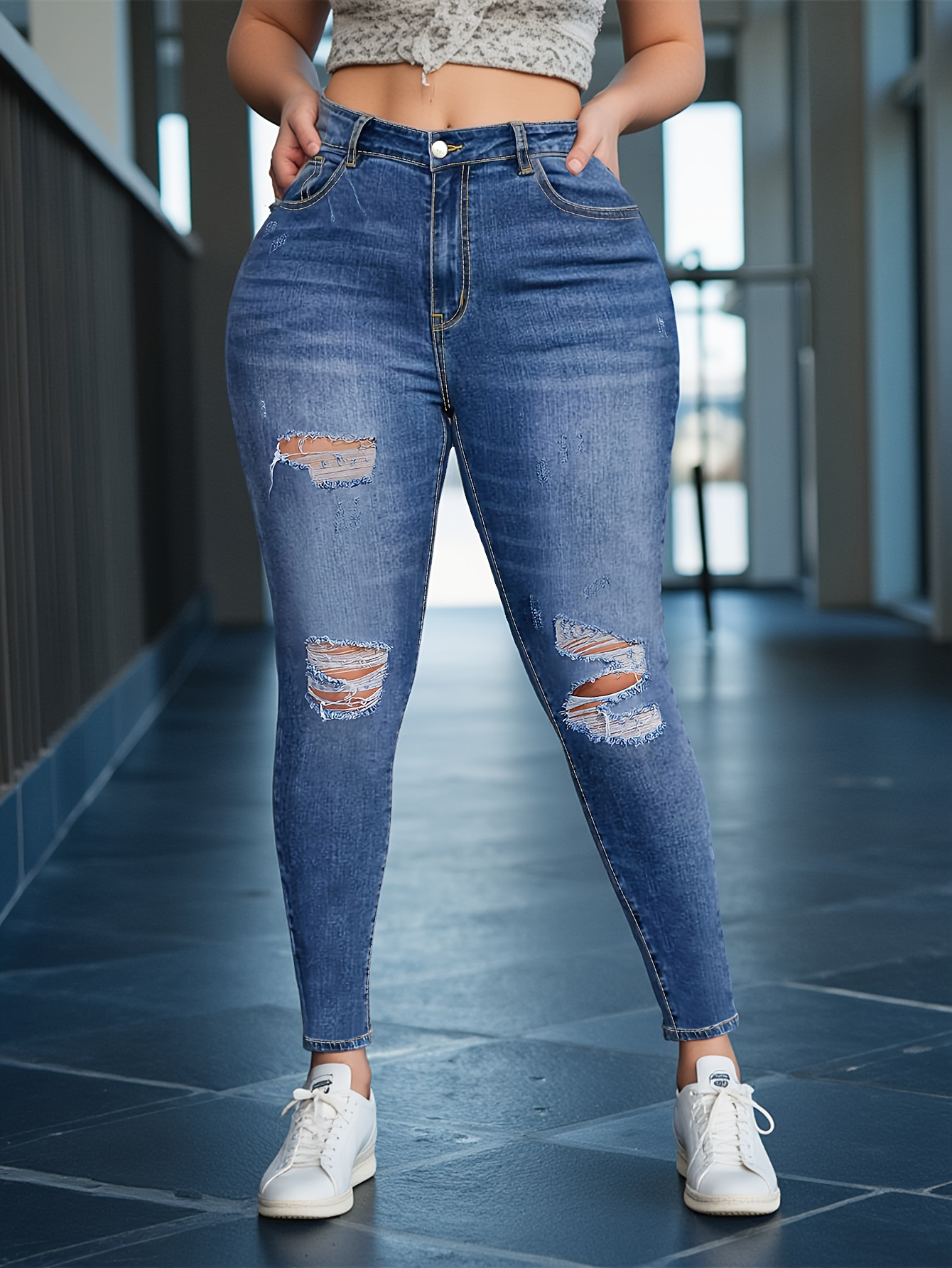 European and American Trendy Ripped Stretch Denim Skinny Pants Spring and Autumn Plus Size Cross-Border Casual Washed Pencil Pants