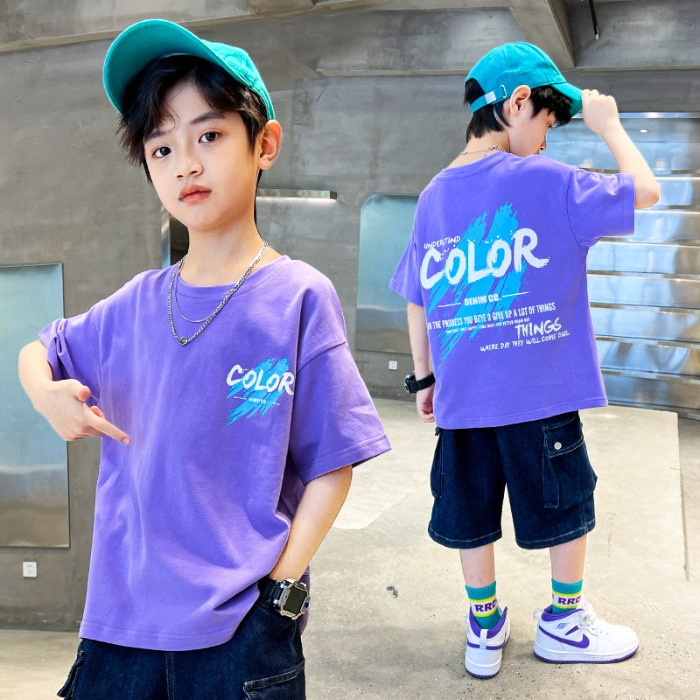 Picture of Boys' summer short-sleeved T-shirt children's purple half-sleeved T-shirt 2023 new boys' fashionable summer top