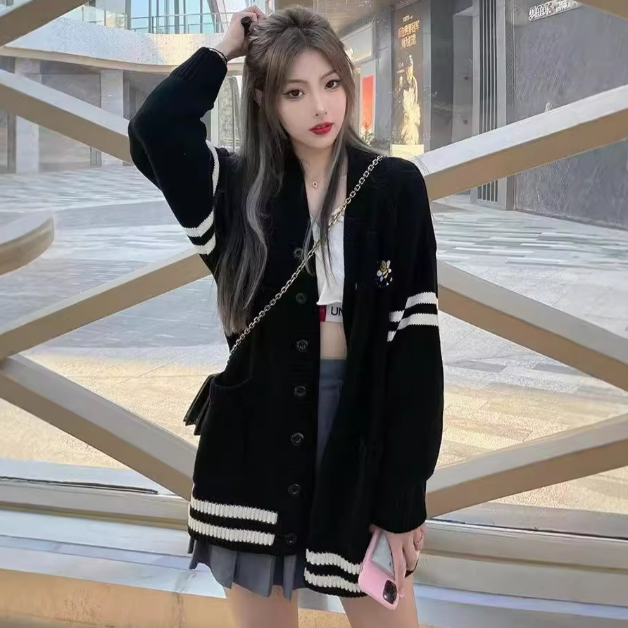 Hong Kong Style Striped Knitted Cardigan Sweater Women's 2024 Autumn and Winter New Loose College Style Lazy Style Casual Jacket