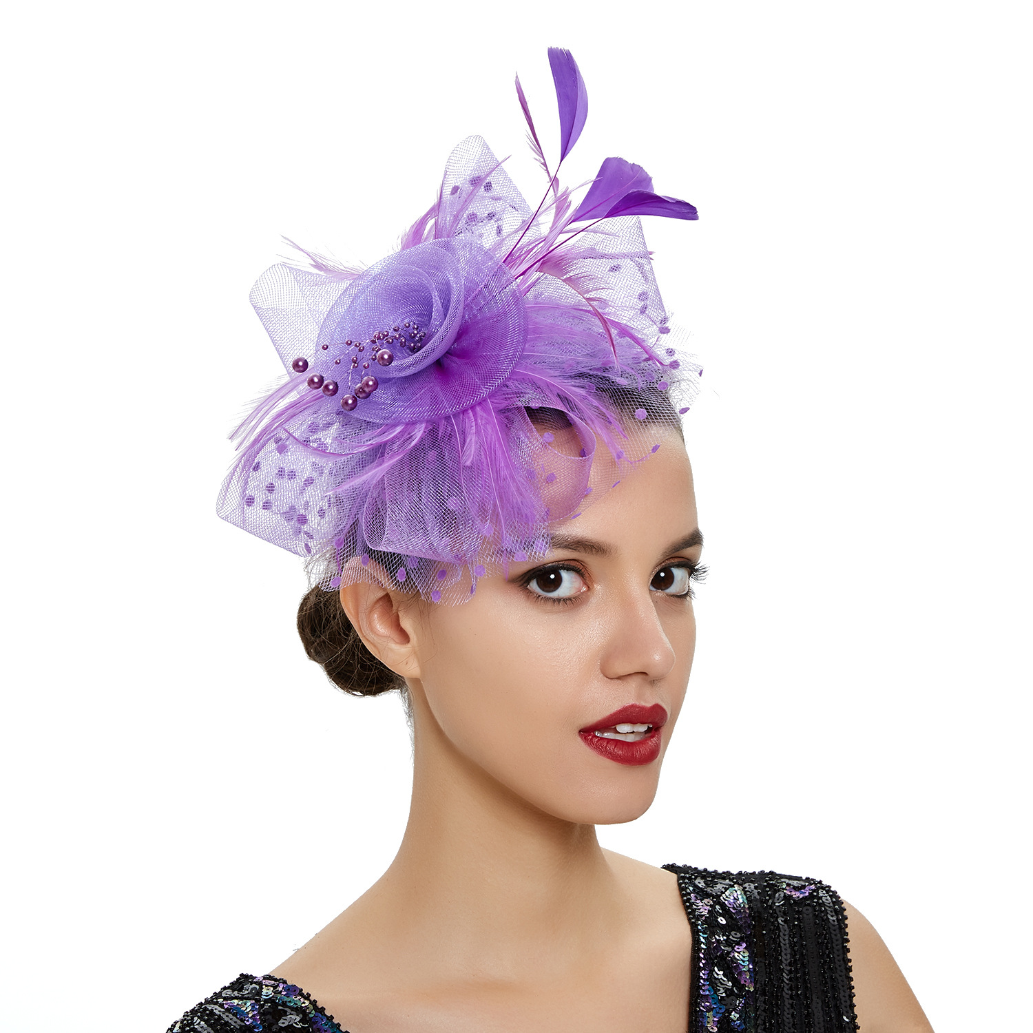 Picture of European and American Popular Amazon Feather Headdress Bridal Hair Accessories Mesh Top Hat Jockey Club Hair Accessories Hairpin Headband