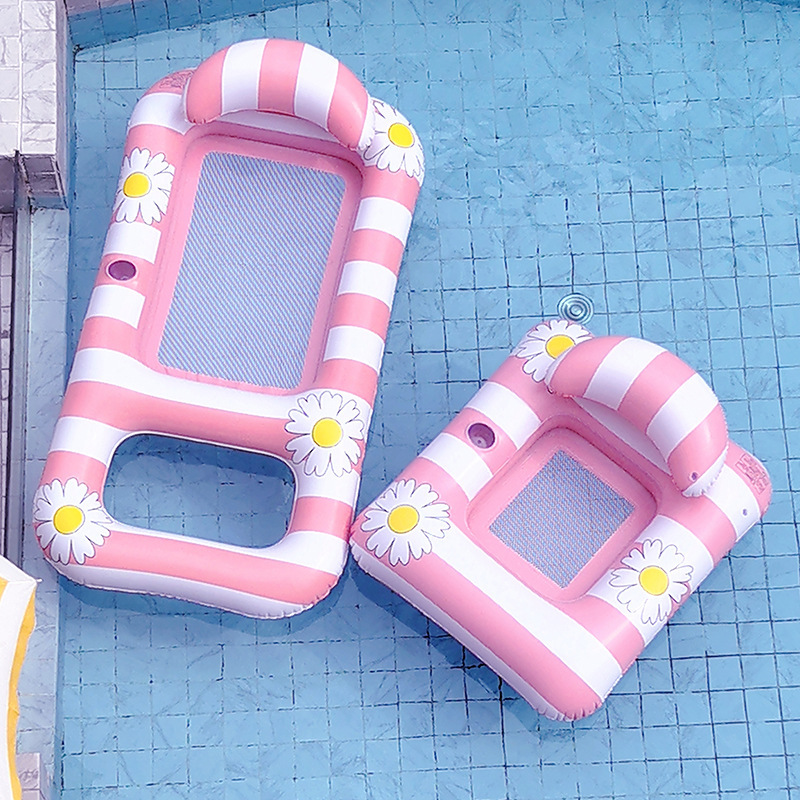 Cross-border hot-selling striped internet-famous daisy thickened floating bed on water with cup seat mesh fabric single-person inflatable float bed