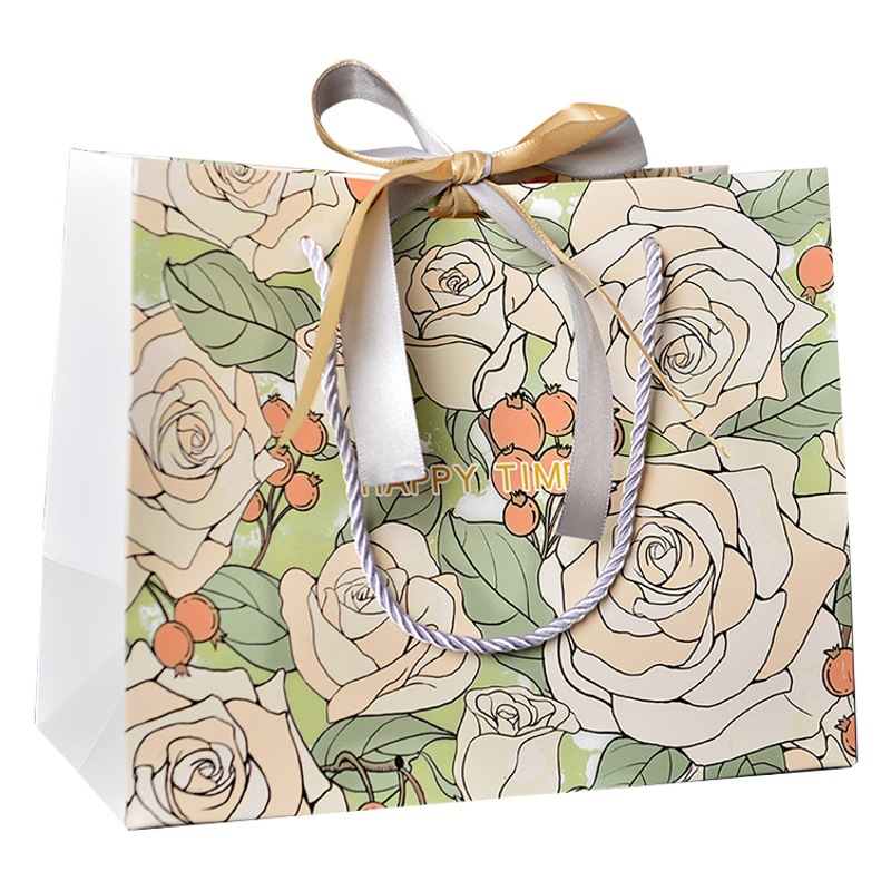 Ins Style Cross-Border Champagne Rose Gift Bag with Ribbon Candy Packaging Bag Clothing Storage Bag Handbag