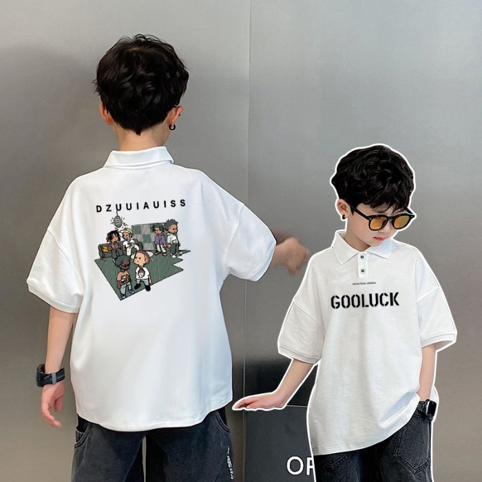 Picture of Boys' short-sleeved T-shirt 2023 Summer Children's western style lapel fashion loose cartoon printed polo shirt top fashion