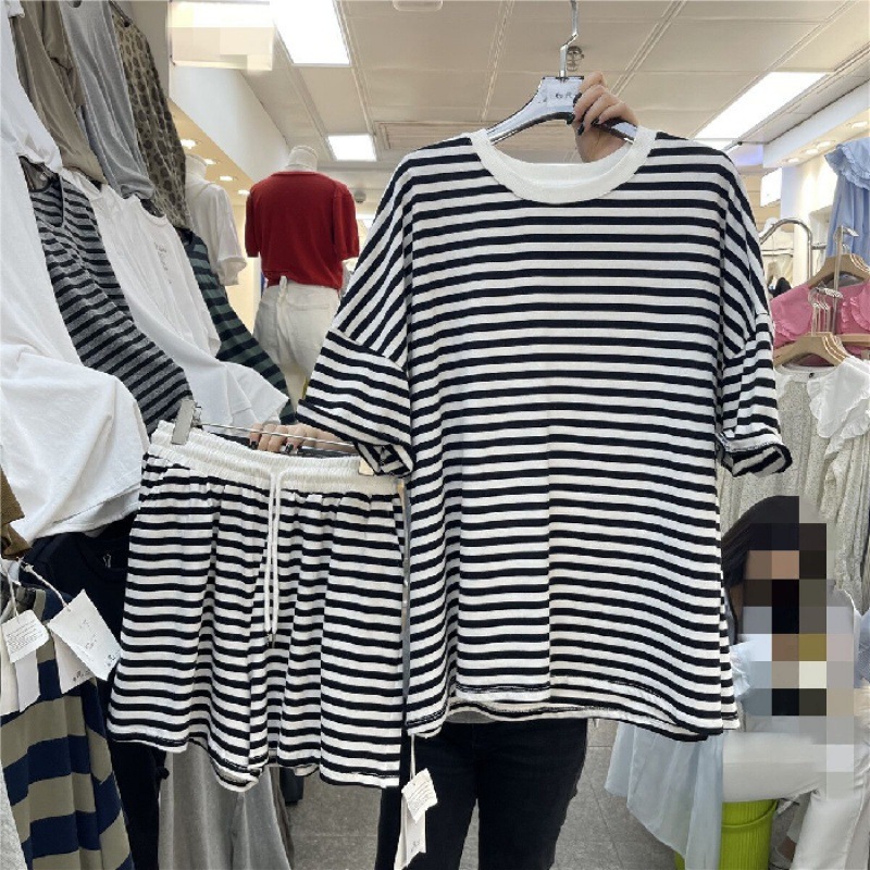 Picture of # Jin College Style Striped Casual Sports Suit Women's Summer Loose Fashion Short-sleeved Shirt Shorts Two-piece Set