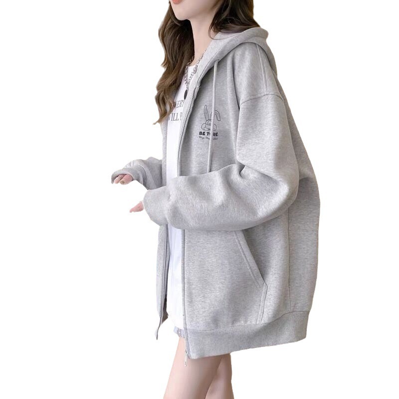 Picture of Embroidered hooded sweater women's autumn and winter fleece-lined thickened loose plus size college style casual hooded sweater cardigan coat