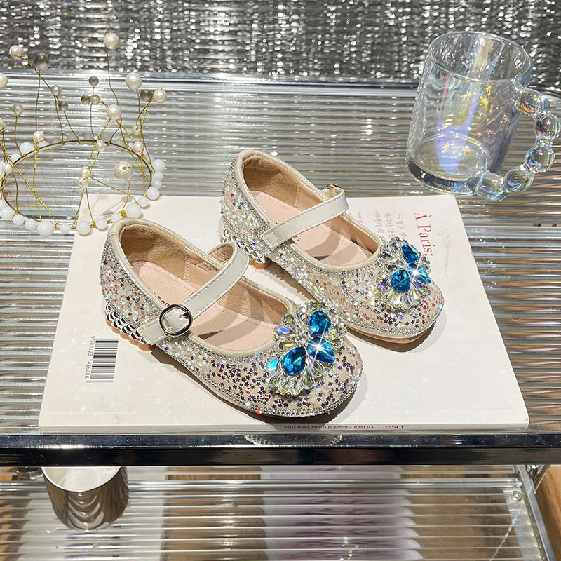 Girls High Heels 2025 Summer New Style Kidsren's Style Rhinestone Princess Shoes Little Girls Shiny Crystal Soft Sole Shoes