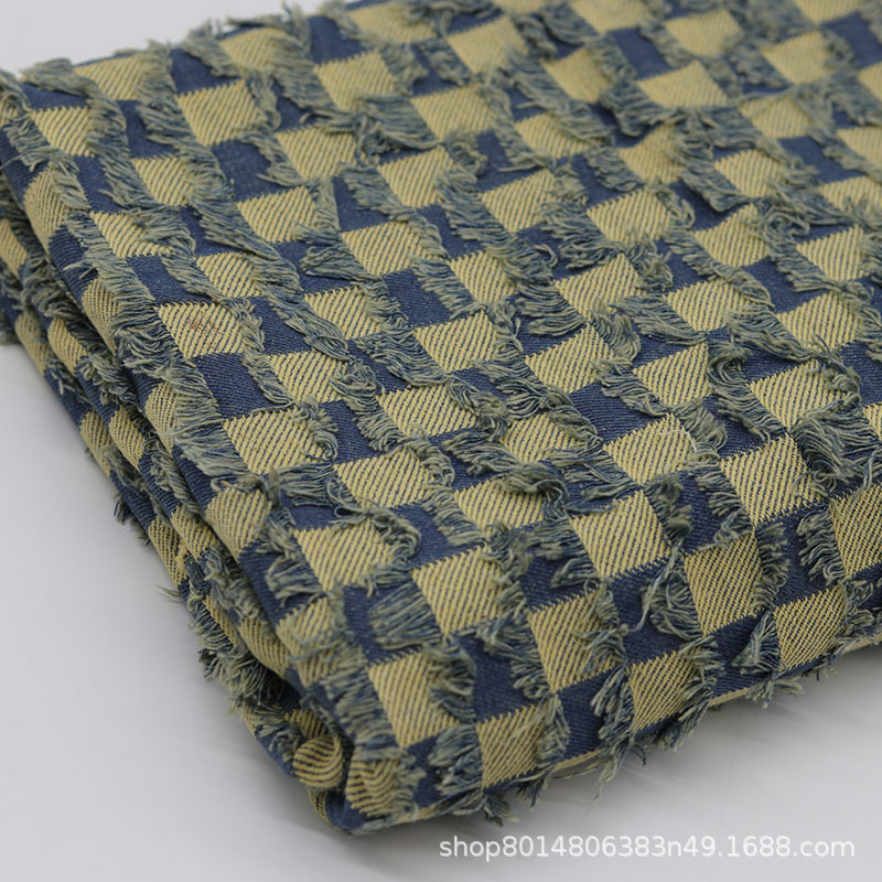 Picture of Wasteland Style Nostalgic Color Checkerboard Plaid Jacquard Washed Denim Fabric Clothing Fabric Jeans Jacket Non-Elastic
