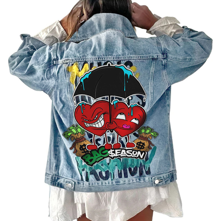 Picture of 2618 cartoon graffiti Amazon jacket Denim Net Red Jacket Women's autumn and winter baseball uniform Amazon coat