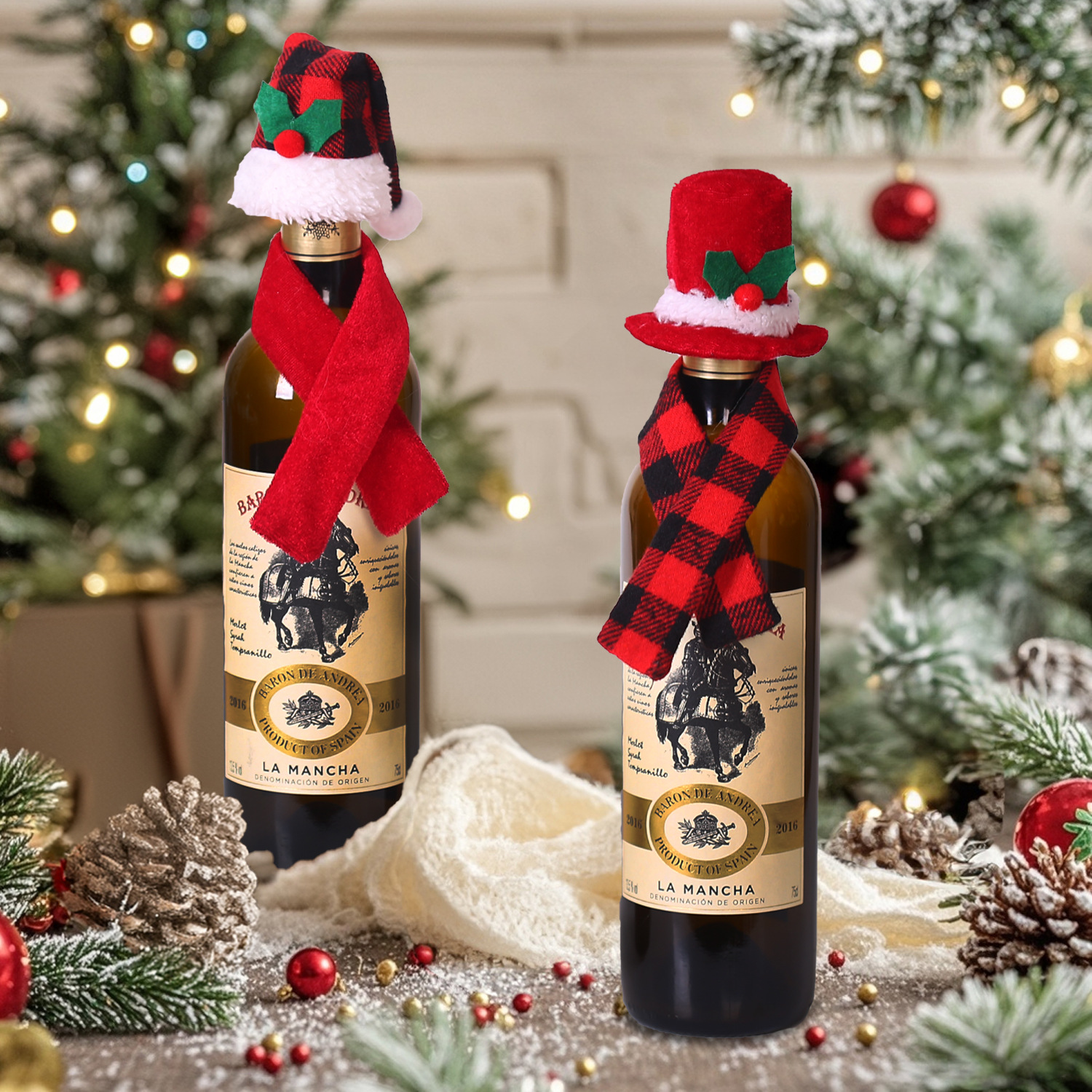 Picture of Christmas Creative Decorations Scarf Hat Two-piece Set Red Wine Bottle Set Hotel Restaurant Decoration Dress-up Supplies