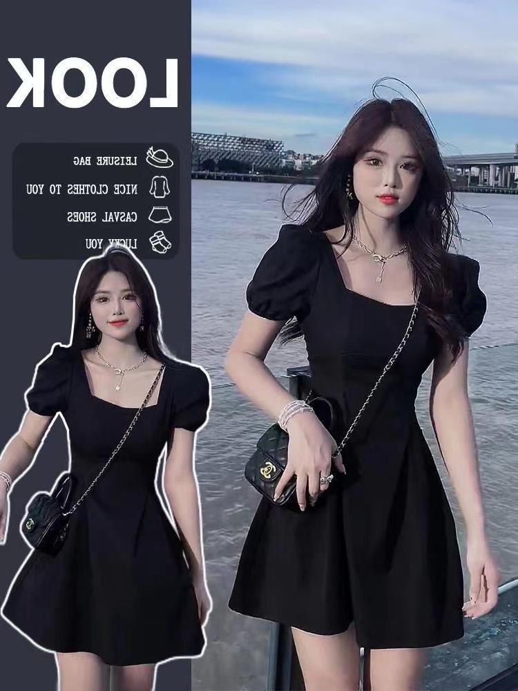 Hepburn Style Small Black Dress Women's Summer New French Style Retro Square Collar Puff Sleeve Tight Waist dress Sweet and Spicy
