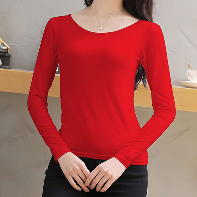 Picture of Women's Round Neck Inner Base Shirt for Autumn and Winter plus size Thin Autumn Clothes Solid Color Underwear Long-sleeved T-shirt for Women