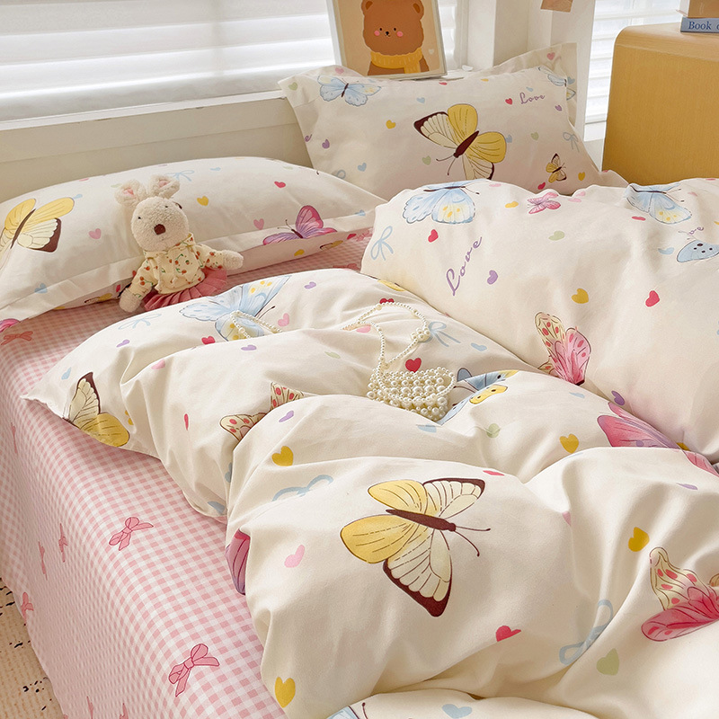 Picture of Class A Maternal and Infant Grade Four-Piece Set Small Fresh Thickened Sanding Quilt Cover Washed Cotton Bed Sheet Quilt Cover Dormitory Three-Piece Set ins
