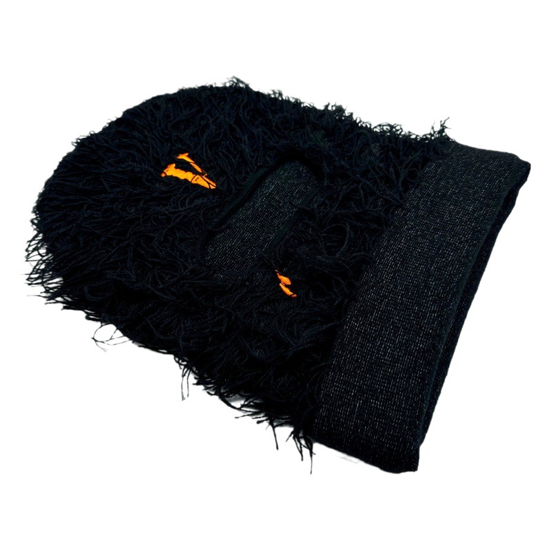 Cross-border autumn and winter warm single hole knitted hat jacquard embroidery balaclava long fur funny Halloween mask
