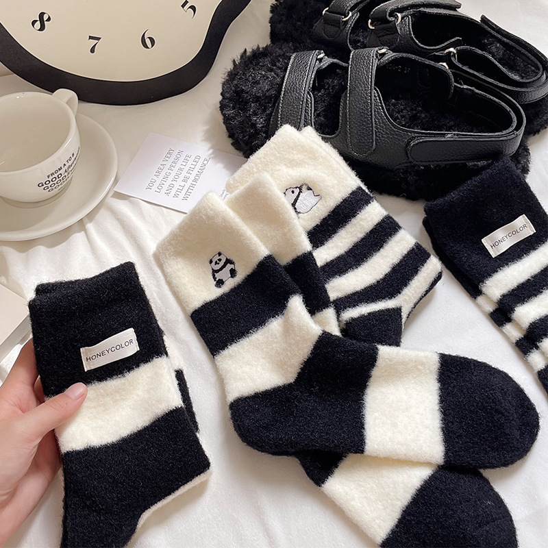 Panda Striped Australian Velvet Socks Children's Mid-tube Socks Winter Mink Velvet fleece-lined Thickened Coral Velvet Floor Sleep Socks