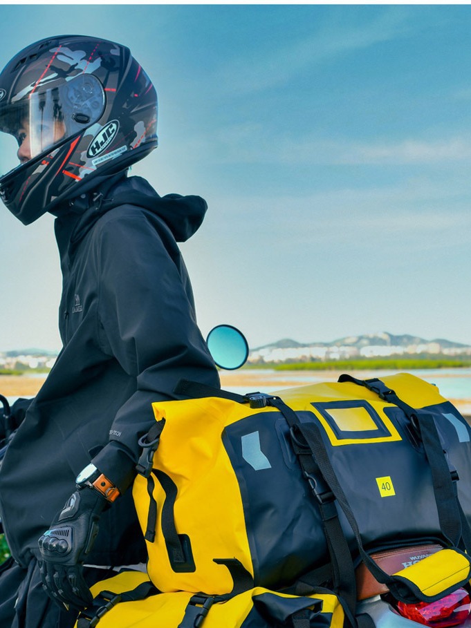 Picture of Modified strap pvc yellow night reflective horizontal bag outdoor camping riding pack waterproof motorcycle tail bag