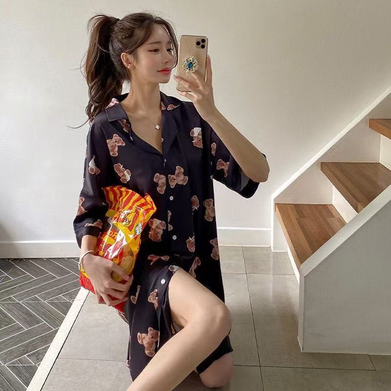 Korean Style Ins Women's Thin Shirt Pajamas Spring and Summer New Bear Print One-Piece Shirt Nightgown Home Wear for Women