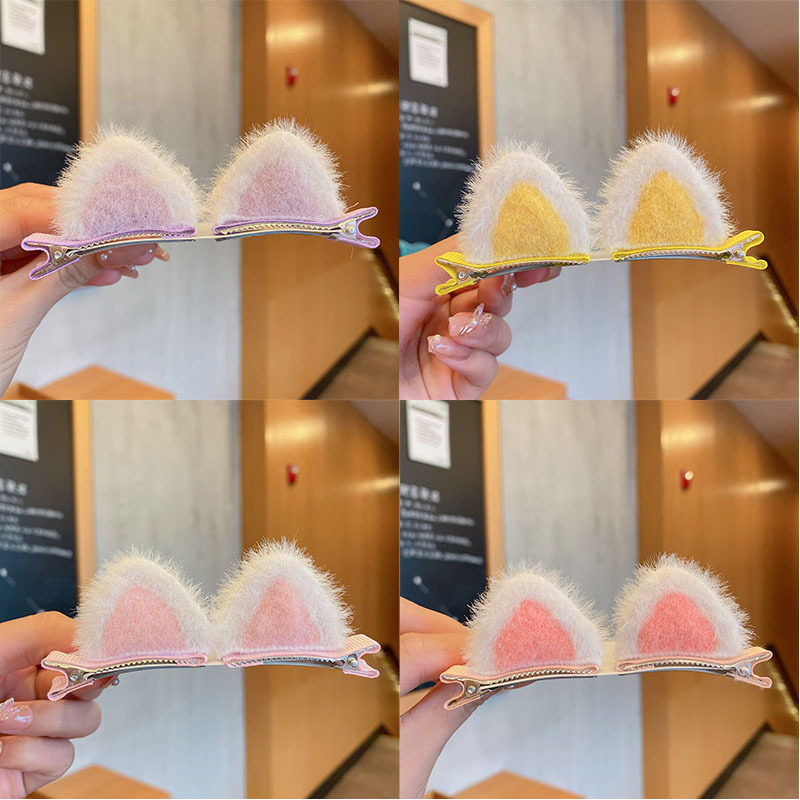 A Pair of Kidsren's Cartoon Cat Ears Hairpins, Internet Celebrity Plush Word Clips, Cute Baby Side Non-Breakable Hair Headgear
