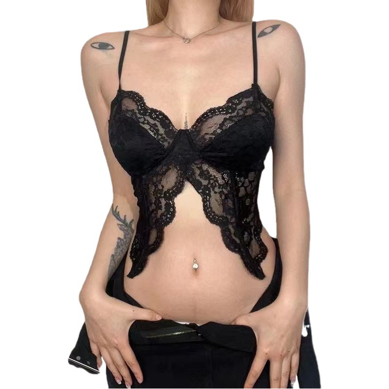 Cross-Border European and American Style Sexy Lace Camisole-Style Hot Girl See-Through Crop Top with Exposed Navel and Short V-Neck