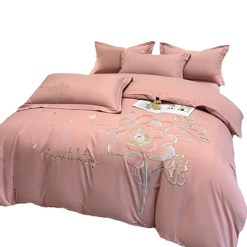 New High-End Embroidered Four-Piece Set Solid Color Warm Cotton Skin-Friendly Brushed Bedding Four-Piece Set of Bed Sheetss and Quilt Covers