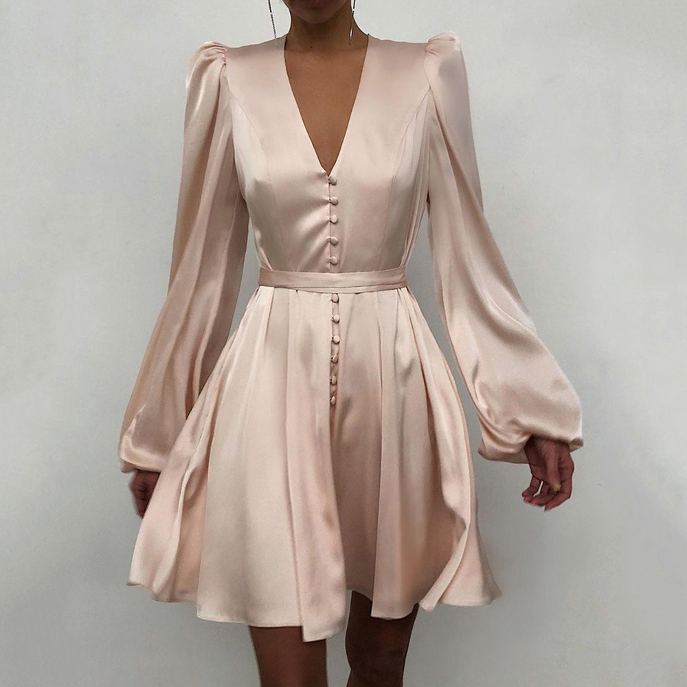 European/American women short skirt European and American women's temperament short skirt V-neck lantern sleeve