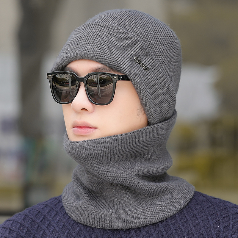 Picture of Knitted hat scarf kit men's winter outdoor leisure velvet ear protection wool cap tide solid color warm pile cap