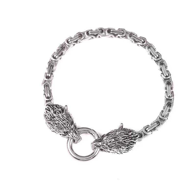 Picture of Foreign Trade Explosions Retro Nordic Viking Rune Hammer Pendant Wolf Head Necklace Bracelet Jewelry suit Stainless Steel Chain