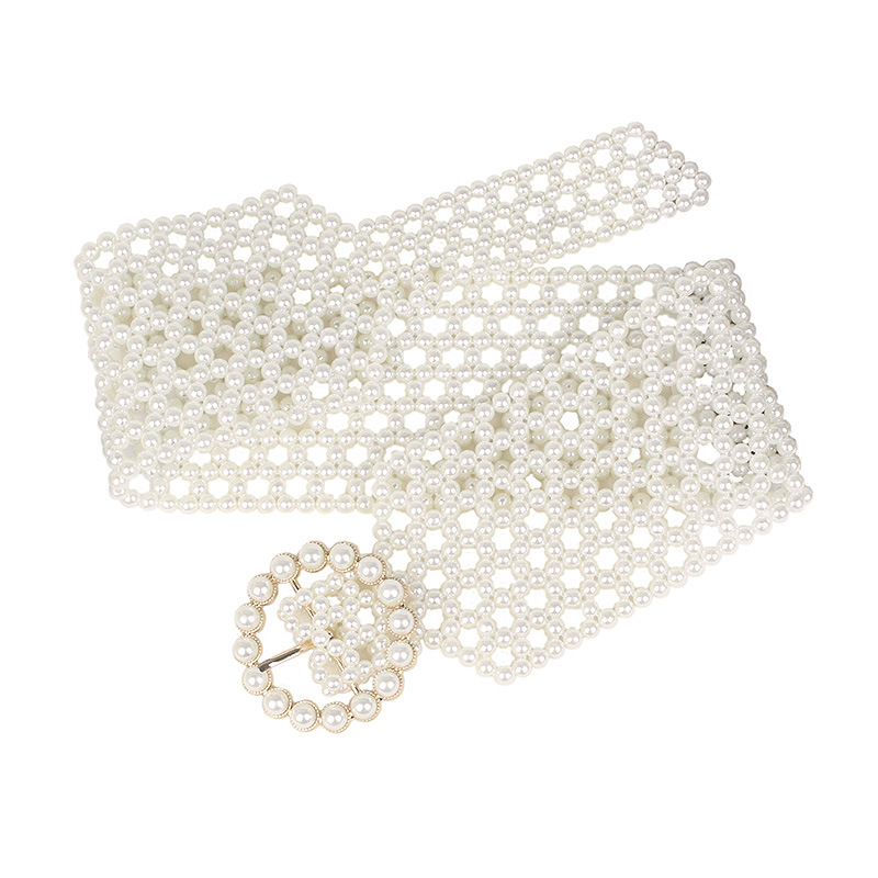 Picture of Fashion Sweet Elegant String Pearl Belt Elastic Wide Diamond Waist Seal European and American Retro Dress Decorative Belt for Women