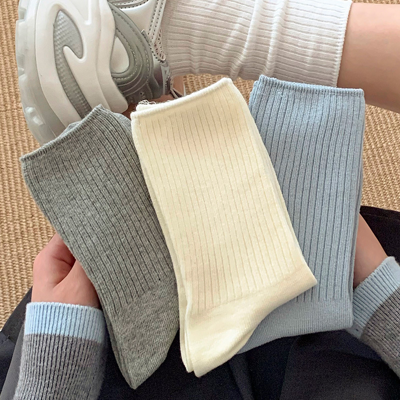 Classic Solid Color Socks Children's Vertical Stripes Slim Look Good Lap Mid-Socks Cotton Sweat Absorbing Breathable Elastic Stacked Stacked Stocking Socks