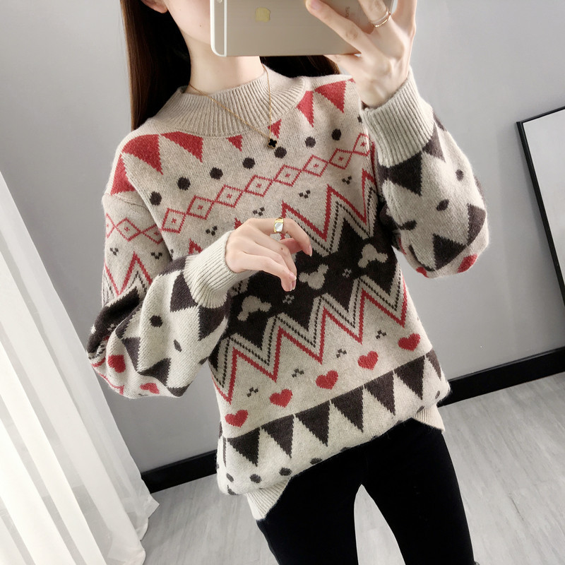 Picture of 2024 New Autumn and Winter Half Turtleneck Fleece-Lined Thickeneded Women's Sweater Fashionable Jacquard Contrast Color Knitted Bottoming Shirt