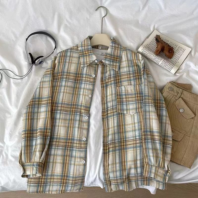 2025 Spring New Long Sleeve Plaid Shirt Women's Spring and Autumn Loose Polo Shirt Casual Student Thin Coat Top
