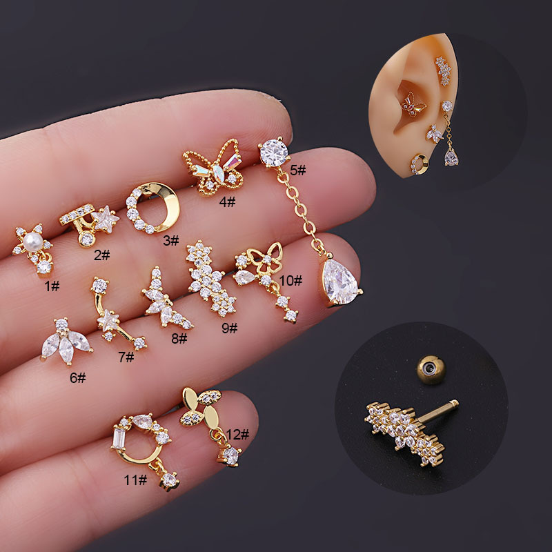 16g thick stainless steel screw ball earring zircon flower butterfly ear bone nail European and American foreign trade piercing earrings