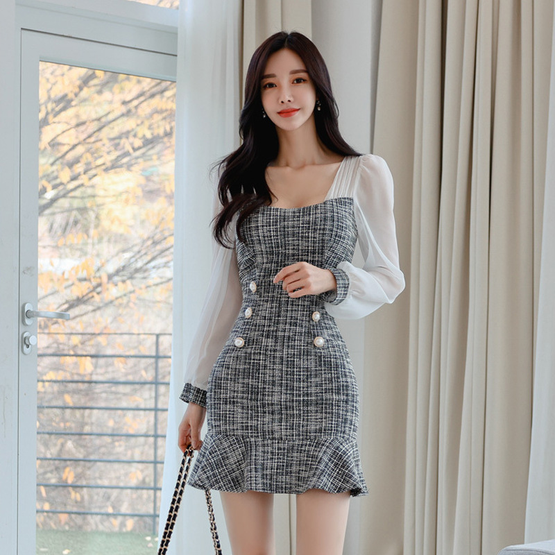 2024 Spring and Autumn New Korean Style Socialite Stitching Contrast Color Square Collar Long Sleeve Dress Bag Hip Fishtail Skirt Short Skirt 7543