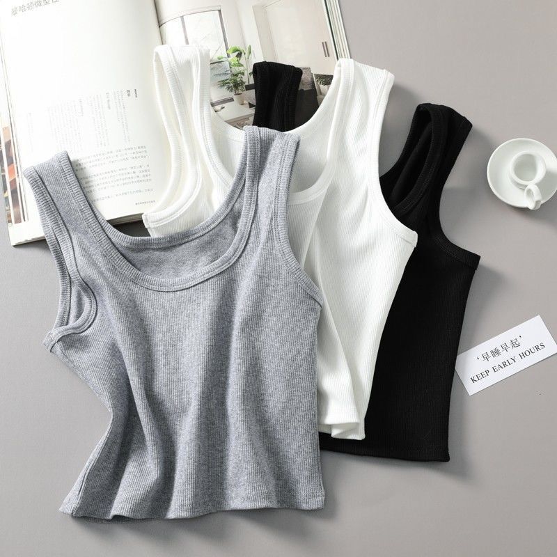 Summer Sleeveless Base Shirt Threaded Camisole Women's Outer Wear I-Shaped Slim-Fit Slimming Solid Color Low Collar Top