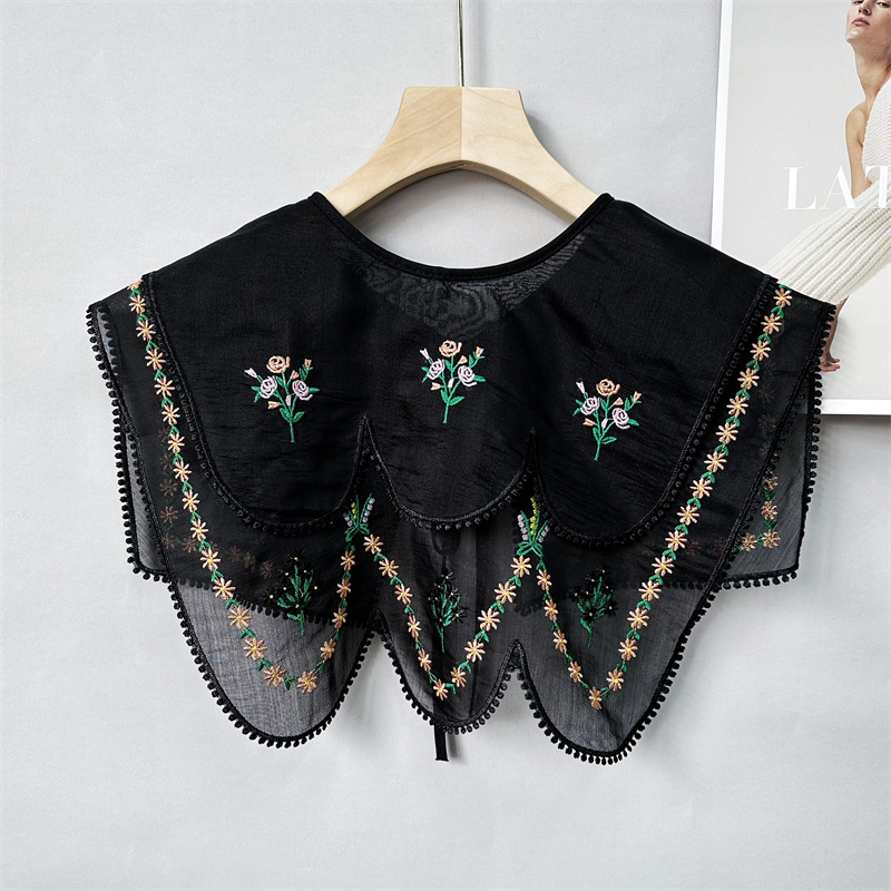 Picture of New double exquisite embroidery black and white apricot tricolor color small flower pastoral shawl bilateral wave wholesale