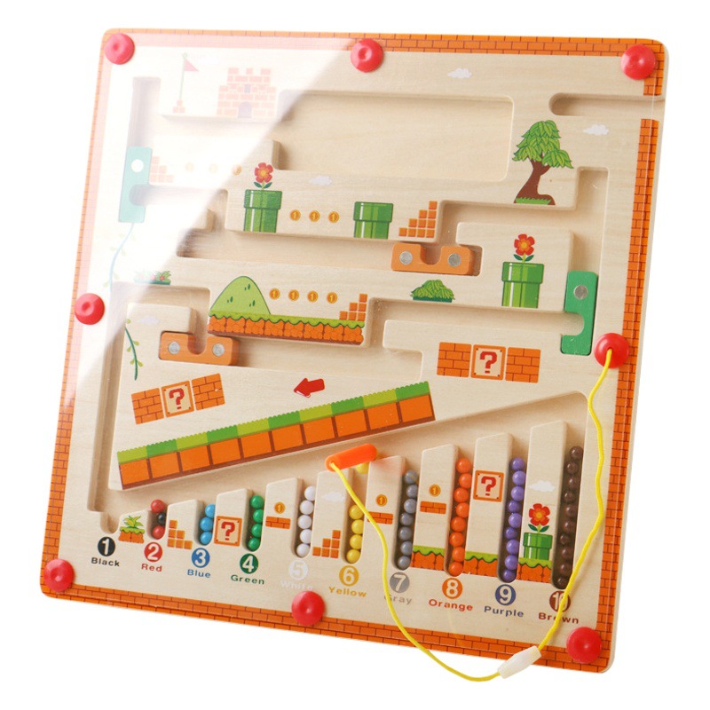 Children's Wooden Magnetic Pen Cognitive Early Education Maze Digital Color Classification Counting Board Bead-Moving Educational Toy