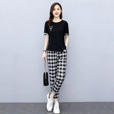 Picture of Fashion Casual Suit Women's 2023 Summer New Simple Elegant Slim Split Top Plaid Pants Two-piece Set