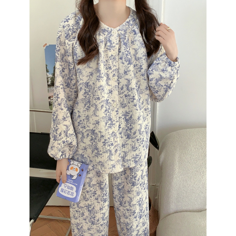 Cross-border Special for Women's Autumn and Winter Pajamas Women's Thickened Silk Cotton Home Clothes Ink Painting Korean-style Long-sleeved Round Neck suit