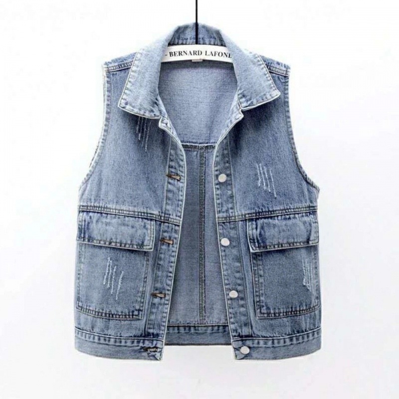 New Denim Vest Women's Short Spring Summer Autumn Winter Simple Large Pocket Sleeveless Vest All-match Loose Top Cardigan