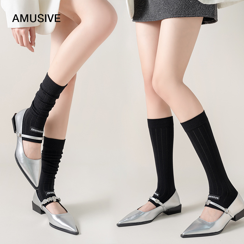 AMUSIVE Sunscreen Stacking Socks Calf Sleeve Women's Ballet Style Thin Vertical Strip Cloth Label Miu Stomping Socks Sleeve Mid-Socks